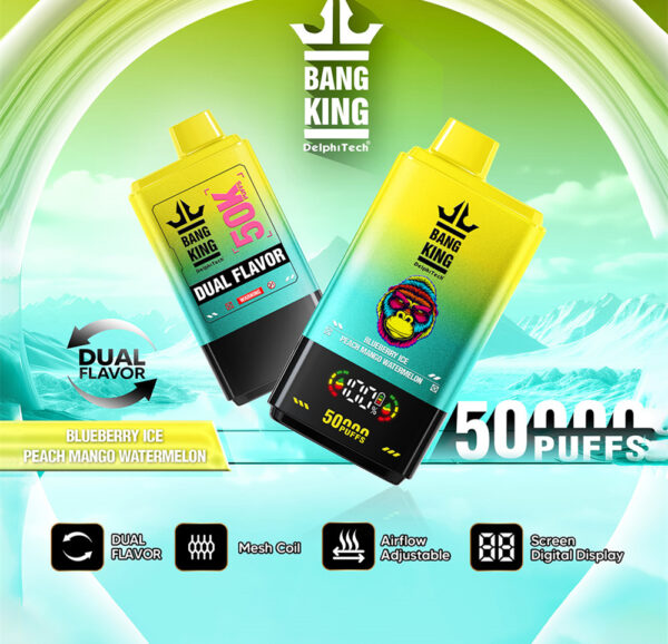 Blåbær Is Peach Mango Vandmelon Bang King 50000 Puffs Engangs Vape 50mlBang King 50000 Puffs BlåbærIs PeachMangoVandmelon